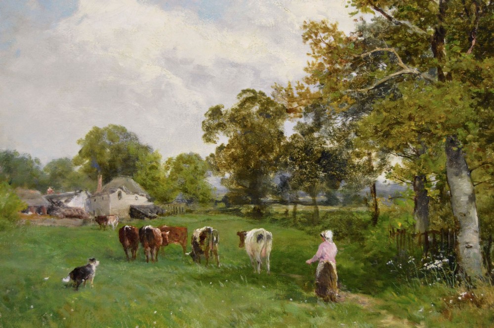 A Victorian landscape oil painting depicting a woman and a dog herding cattle in a grassy field, set within a heavily decorated gilded frame. View III