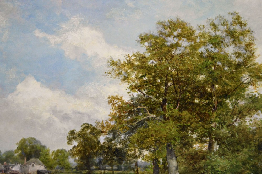 A Victorian landscape oil painting depicting a woman and a dog herding cattle in a grassy field, set within a heavily decorated gilded frame. View IV