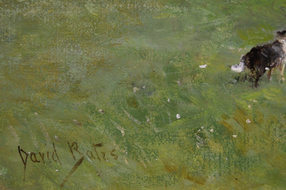 A Victorian landscape oil painting depicting a woman and a dog herding cattle in a grassy field, set within a heavily decorated gilded frame. View V
