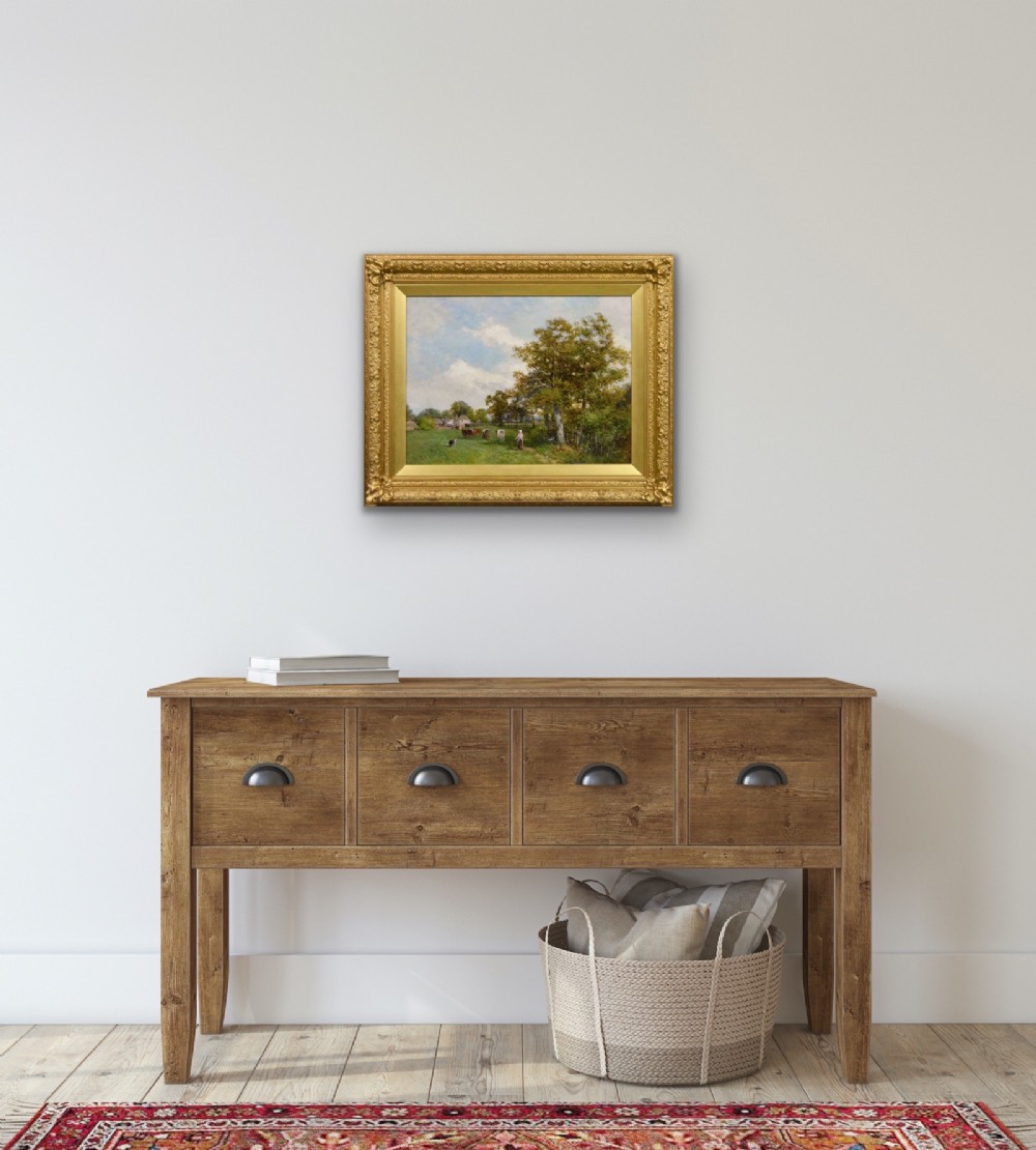 A Victorian landscape oil painting depicting a woman and a dog herding cattle in a grassy field, set within a heavily decorated gilded frame. View VIII