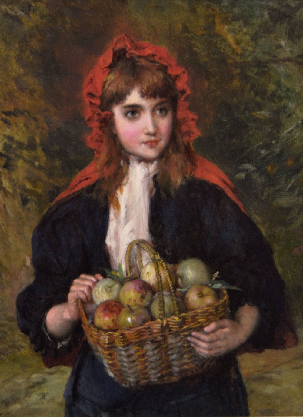 An oil painting depicting a young woman in a red bonnet holding a wicker basket of apples, presented in an ornate gilded frame. View II