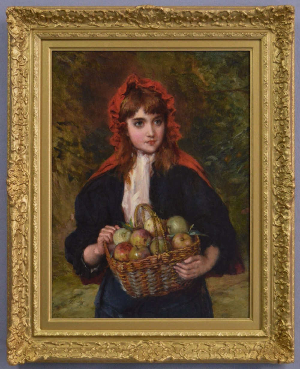 An oil painting depicting a young woman in a red bonnet holding a wicker basket of apples, presented in an ornate gilded frame.