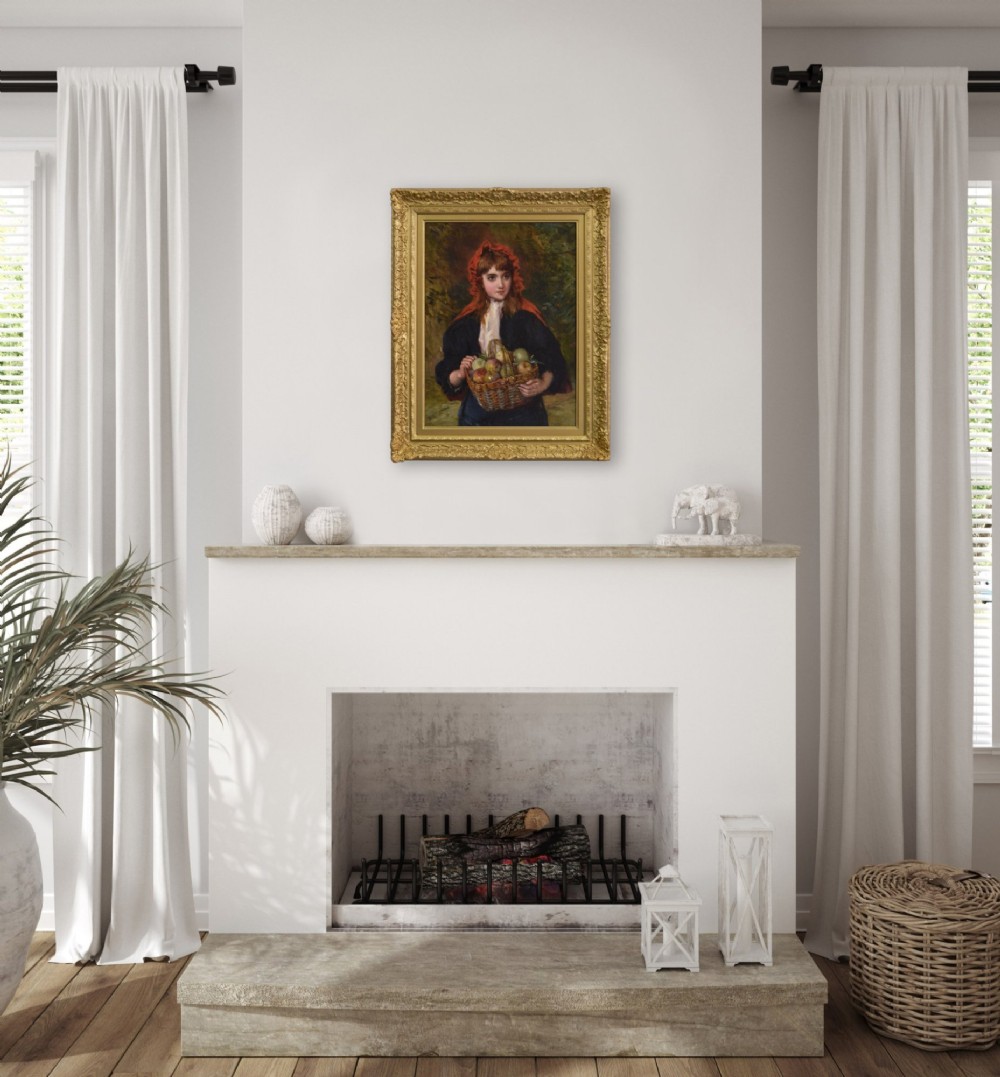An oil painting depicting a young woman in a red bonnet holding a wicker basket of apples, presented in an ornate gilded frame. View VI