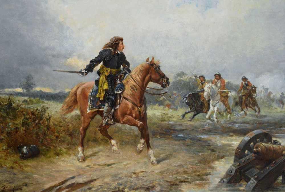 An oil painting depicting an English Civil War cavalry engagement framed in an ornate gold giltwood frame. View II