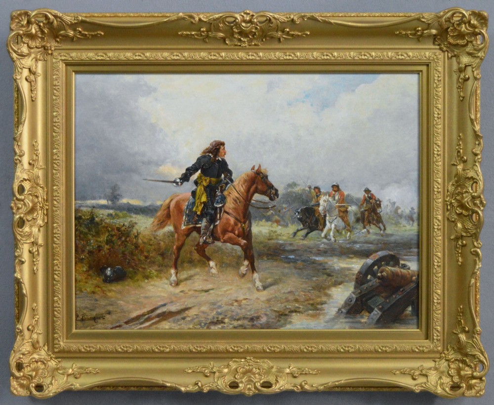 An oil painting depicting an English Civil War cavalry engagement framed in an ornate gold giltwood frame.
