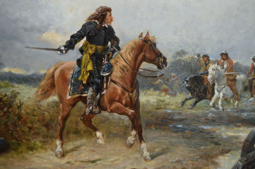 An oil painting depicting an English Civil War cavalry engagement framed in an ornate gold giltwood frame. View III