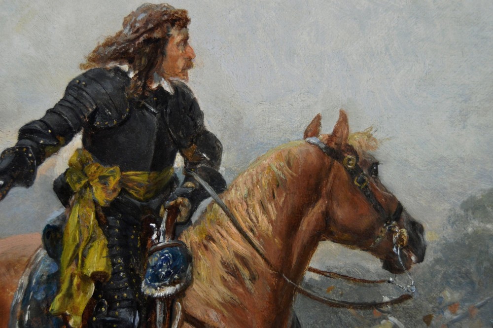An oil painting depicting an English Civil War cavalry engagement framed in an ornate gold giltwood frame. View IV