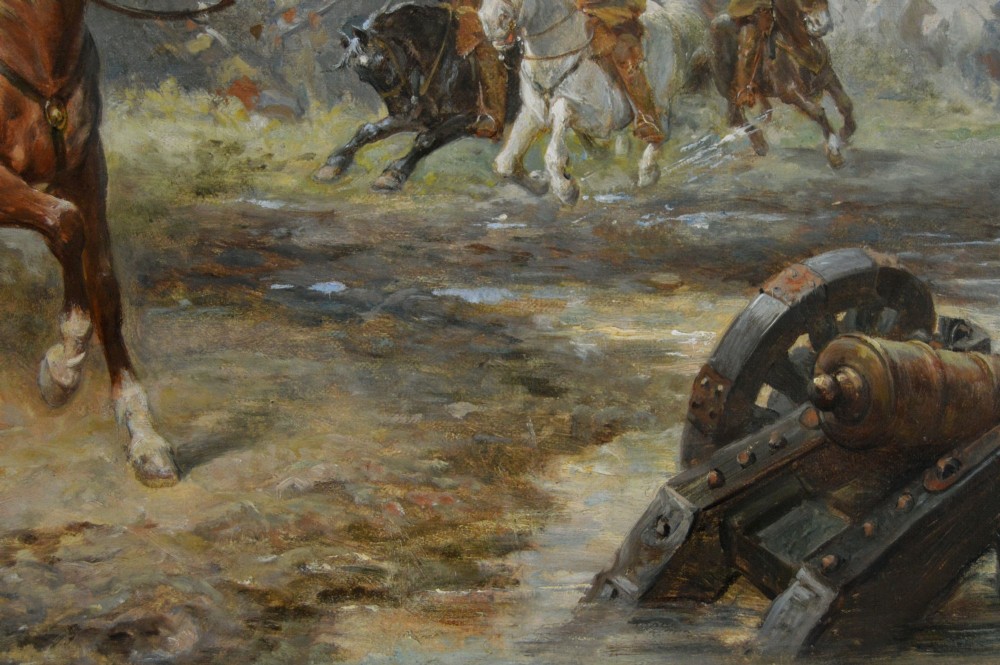 An oil painting depicting an English Civil War cavalry engagement framed in an ornate gold giltwood frame. View VI