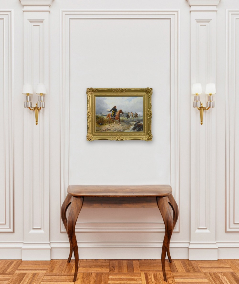 An oil painting depicting an English Civil War cavalry engagement framed in an ornate gold giltwood frame. View VIII