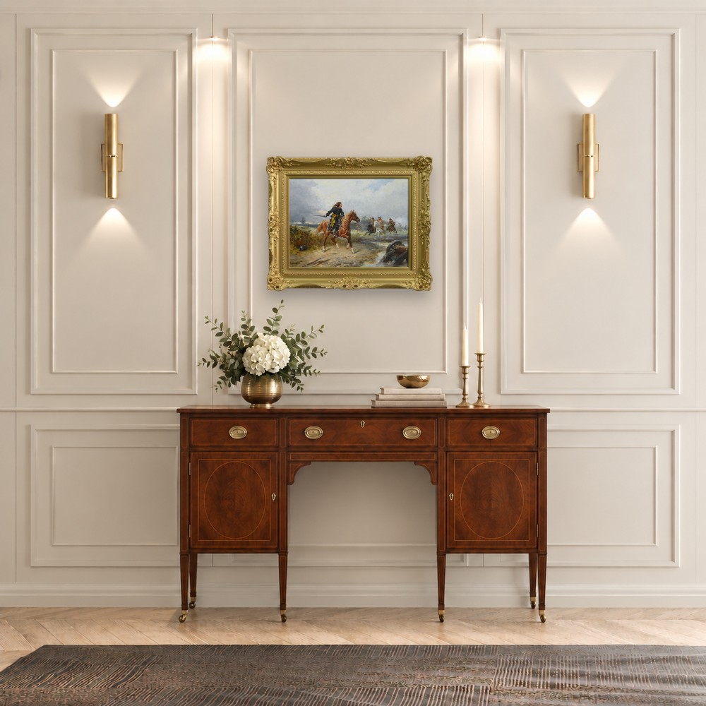 An oil painting depicting an English Civil War cavalry engagement framed in an ornate gold giltwood frame. View IX