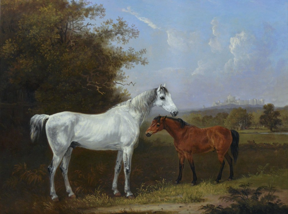A 19th-century oil painting depicting a grey mare and a bay foal standing in a rural landscape with Windsor Castle in the distance, set within a beaded gold frame. View II