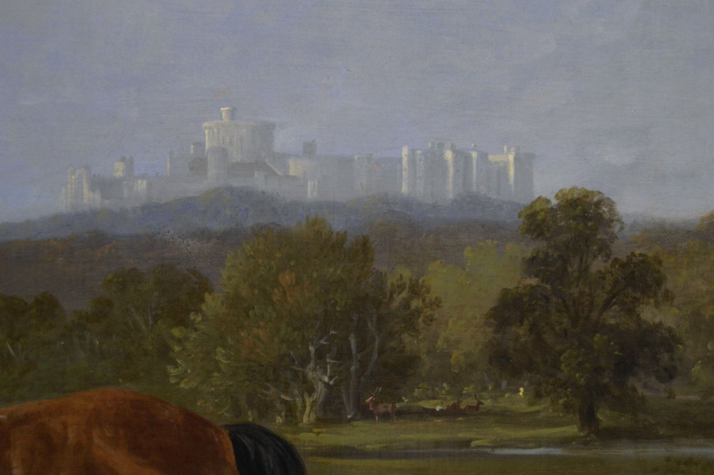 A 19th-century oil painting depicting a grey mare and a bay foal standing in a rural landscape with Windsor Castle in the distance, set within a beaded gold frame. View VI