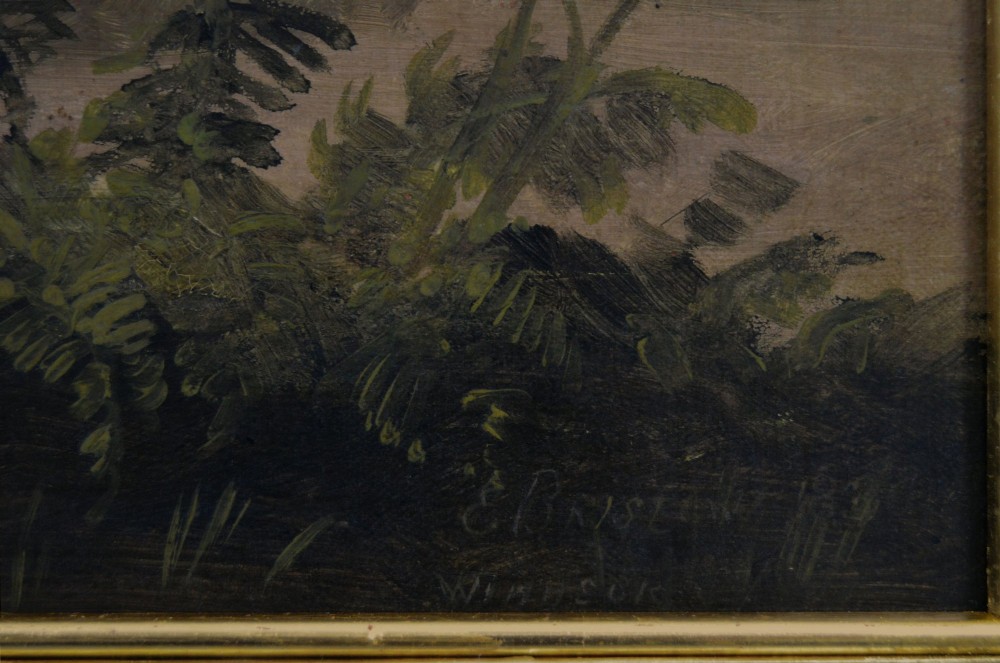 A 19th-century oil painting depicting a grey mare and a bay foal standing in a rural landscape with Windsor Castle in the distance, set within a beaded gold frame. View VII