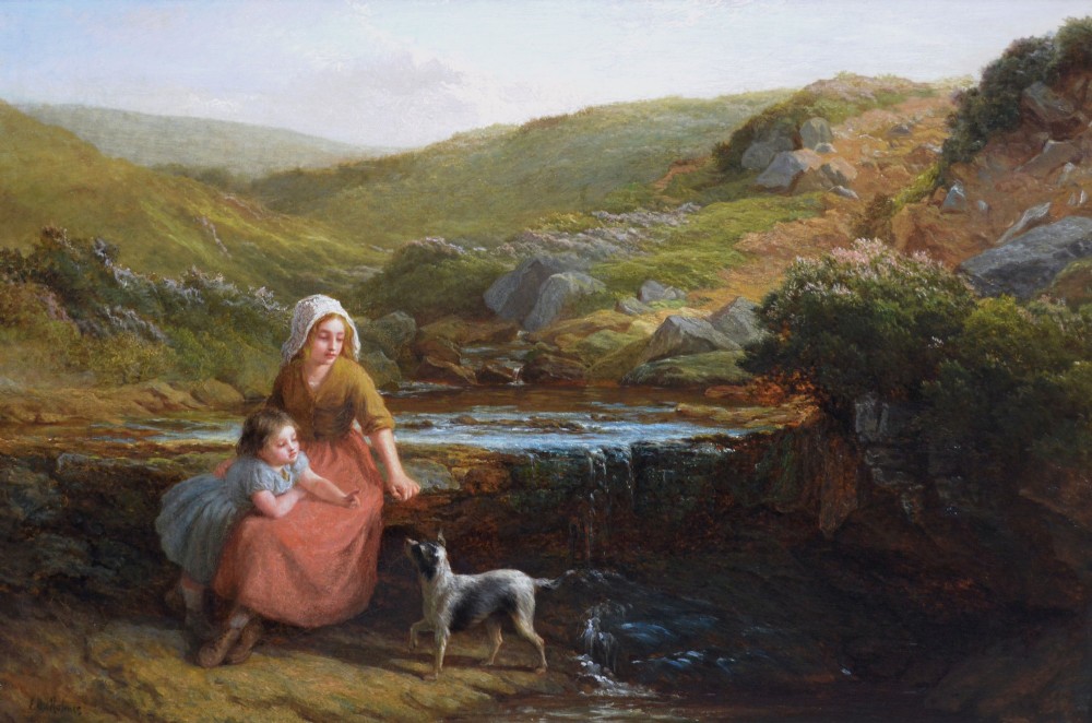 Victorian oil painting depicting a woman, young girl, and dog seated beside a moorland stream inside an ornate gilded gesso frame. View II