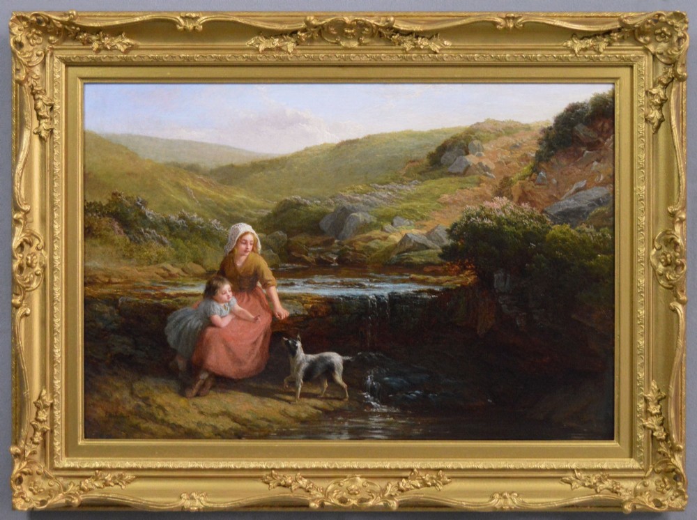 Victorian oil painting depicting a woman, young girl, and dog seated beside a moorland stream inside an ornate gilded gesso frame.
