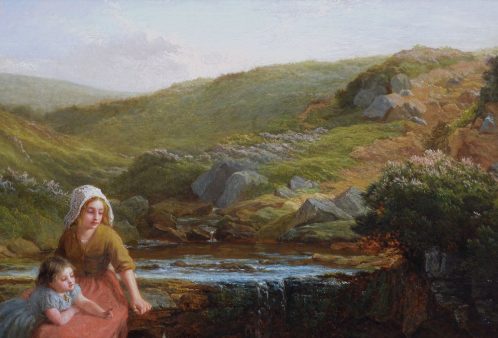 Victorian oil painting depicting a woman, young girl, and dog seated beside a moorland stream inside an ornate gilded gesso frame. View V