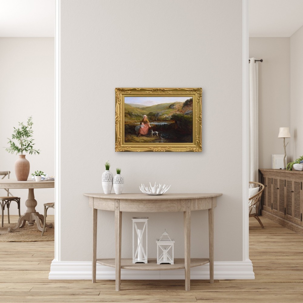 Victorian oil painting depicting a woman, young girl, and dog seated beside a moorland stream inside an ornate gilded gesso frame. View VII