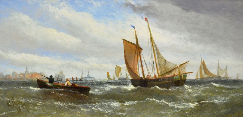 A Victorian maritime oil painting depicting sailing vessels and a small rowboat on choppy coastal waters set within a moulded gilt frame. View II