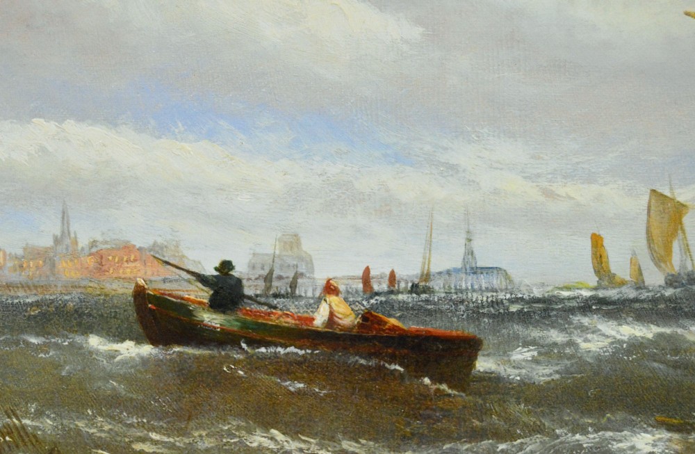 A Victorian maritime oil painting depicting sailing vessels and a small rowboat on choppy coastal waters set within a moulded gilt frame. View III