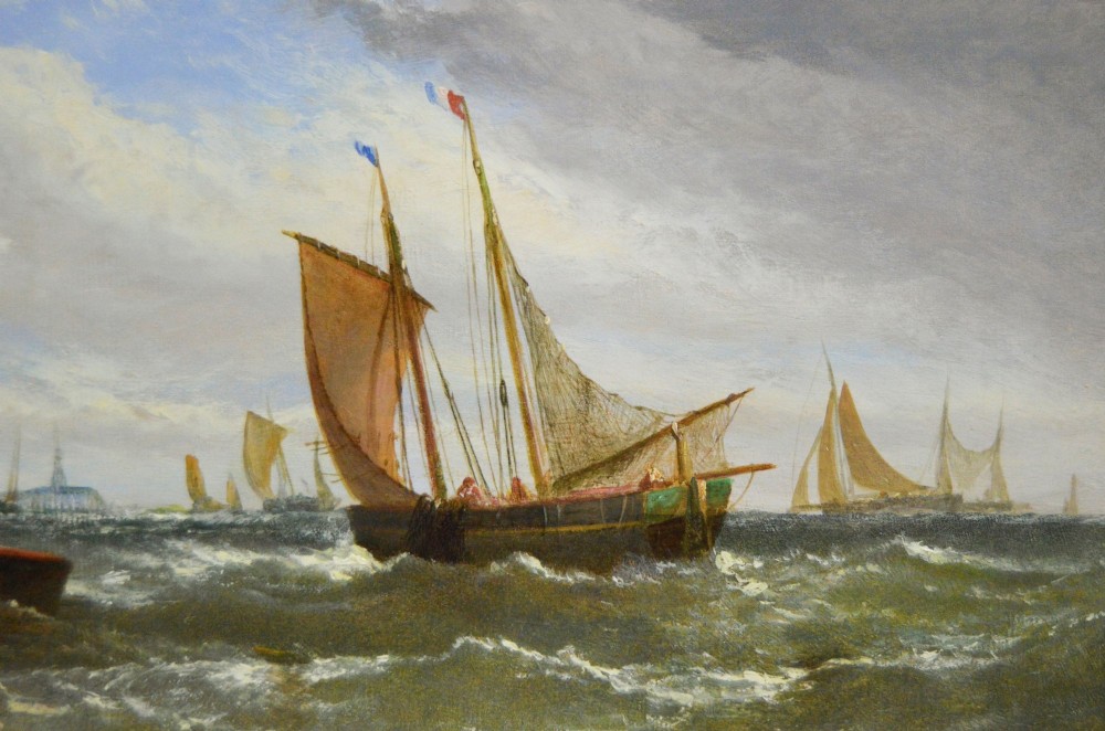 A Victorian maritime oil painting depicting sailing vessels and a small rowboat on choppy coastal waters set within a moulded gilt frame. View IV
