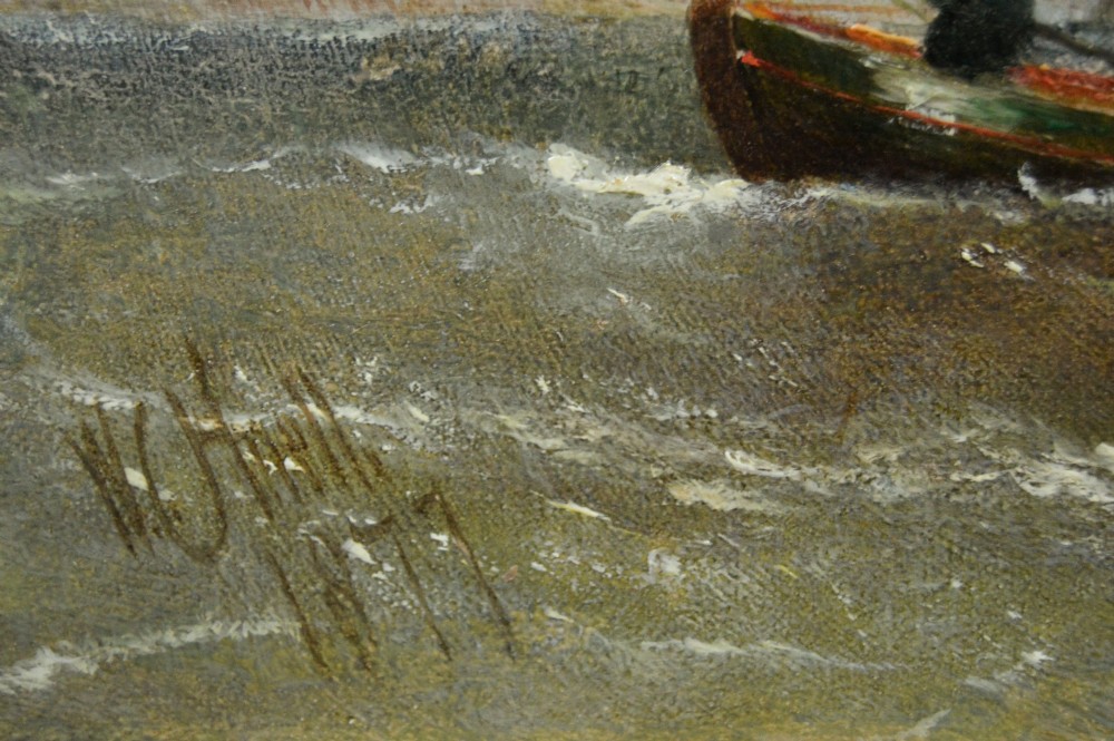 A Victorian maritime oil painting depicting sailing vessels and a small rowboat on choppy coastal waters set within a moulded gilt frame. View V