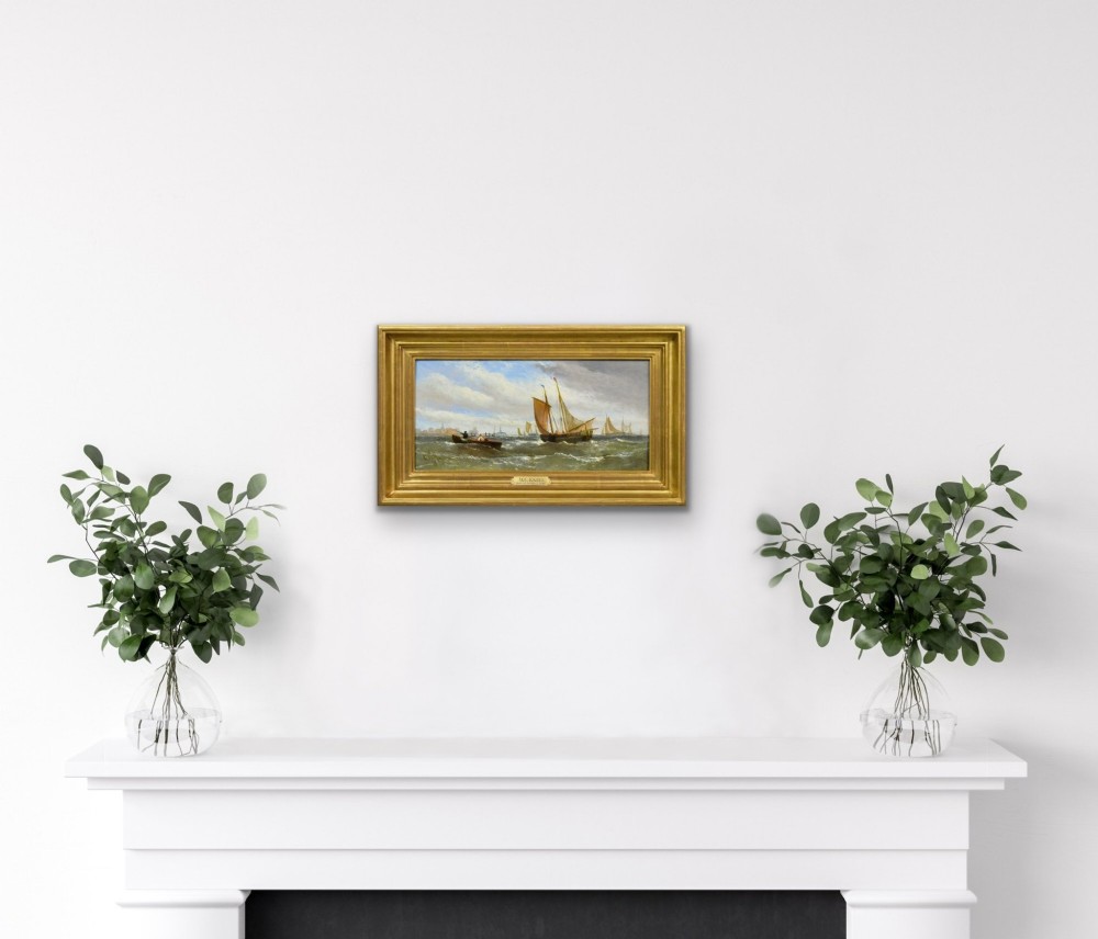 A Victorian maritime oil painting depicting sailing vessels and a small rowboat on choppy coastal waters set within a moulded gilt frame. View VII