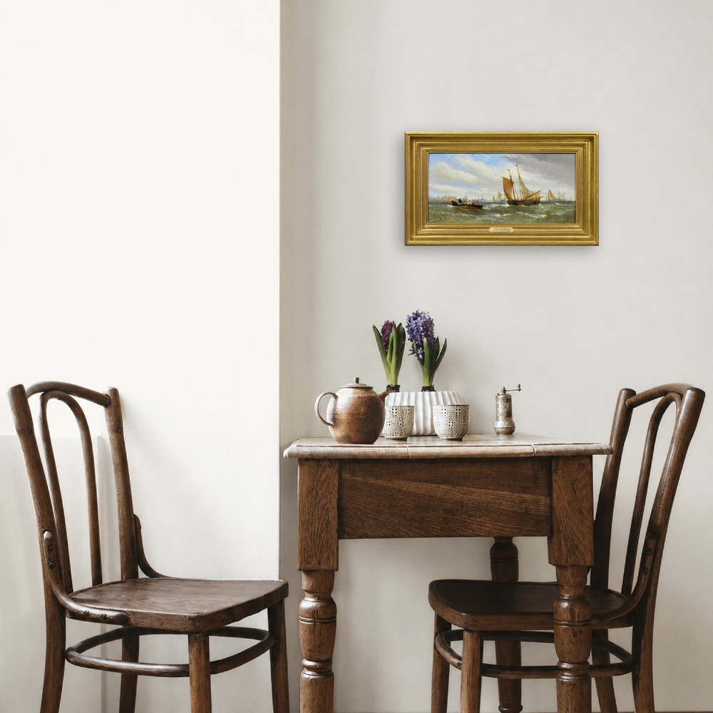 A Victorian maritime oil painting depicting sailing vessels and a small rowboat on choppy coastal waters set within a moulded gilt frame. View VIII