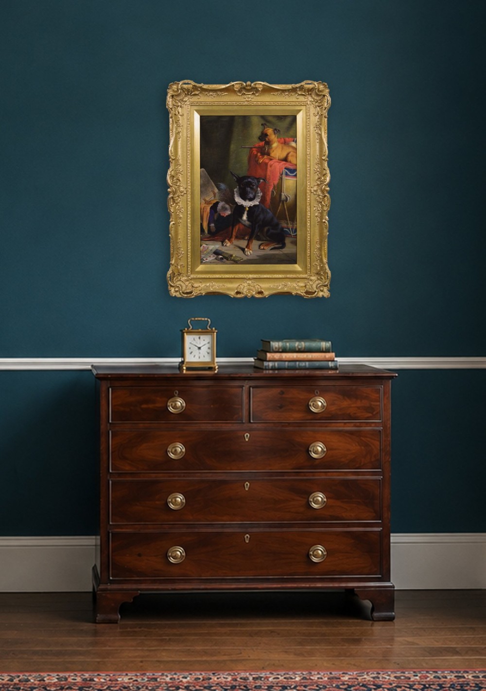 A vertical oil painting on canvas depicting two small dogs in a decorative setting, enclosed within an ornate carved gilt wood frame. View VIII