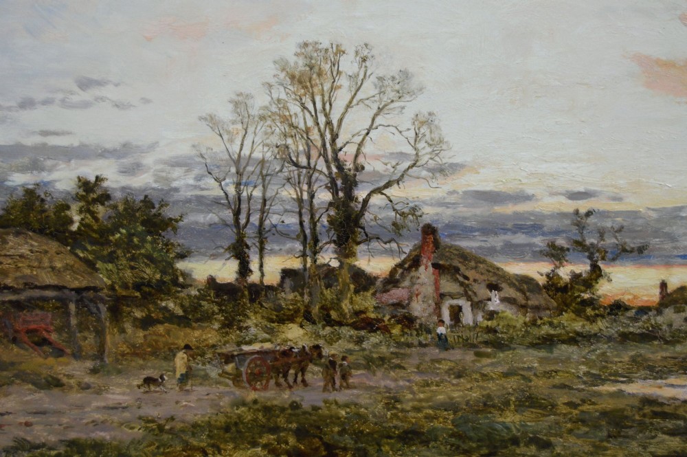 A framed Victorian oil painting depicting a rural English common at dusk with cottages, figures, and water pools set inside an elaborate gold gilt frame. View III