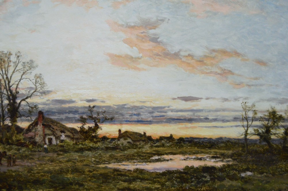A framed Victorian oil painting depicting a rural English common at dusk with cottages, figures, and water pools set inside an elaborate gold gilt frame. View IV