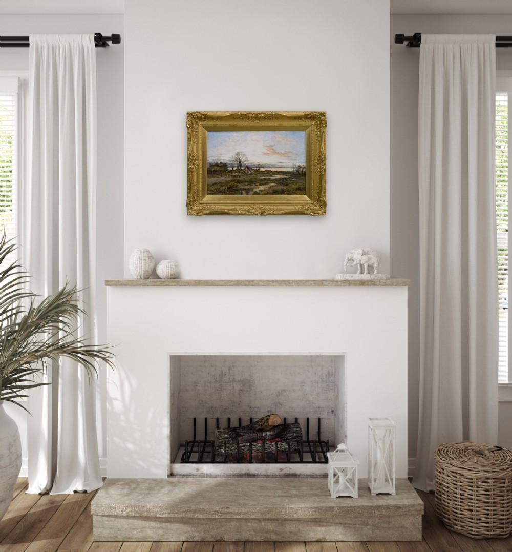 A framed Victorian oil painting depicting a rural English common at dusk with cottages, figures, and water pools set inside an elaborate gold gilt frame. View XI