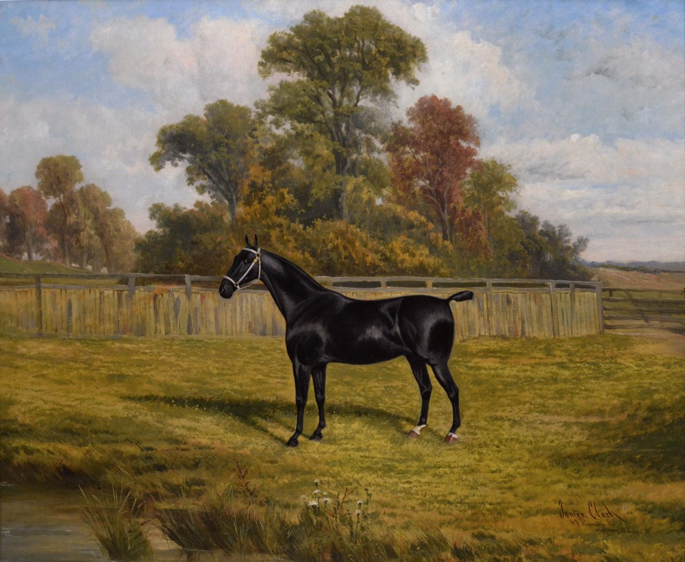 An oil painting depicting a black horse standing in profile within a green pasture, framed in a stepped gold frame. View II
