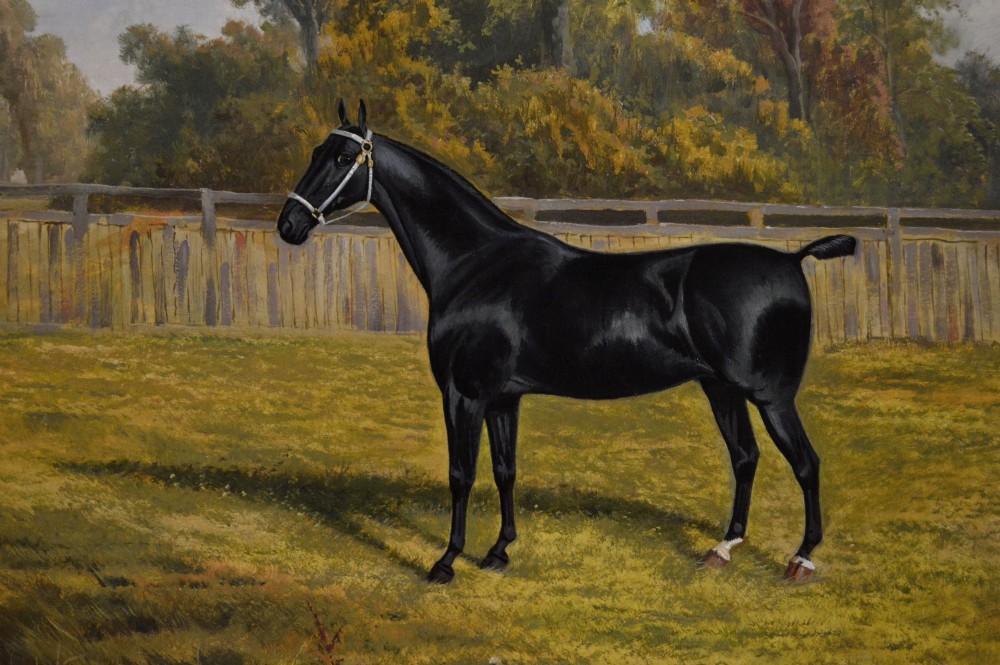 An oil painting depicting a black horse standing in profile within a green pasture, framed in a stepped gold frame. View III
