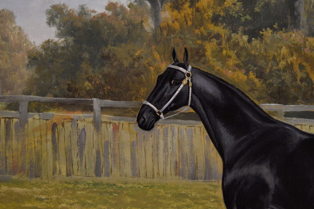 An oil painting depicting a black horse standing in profile within a green pasture, framed in a stepped gold frame. View IV