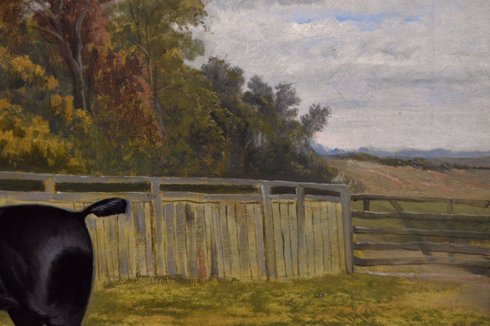 An oil painting depicting a black horse standing in profile within a green pasture, framed in a stepped gold frame. View V