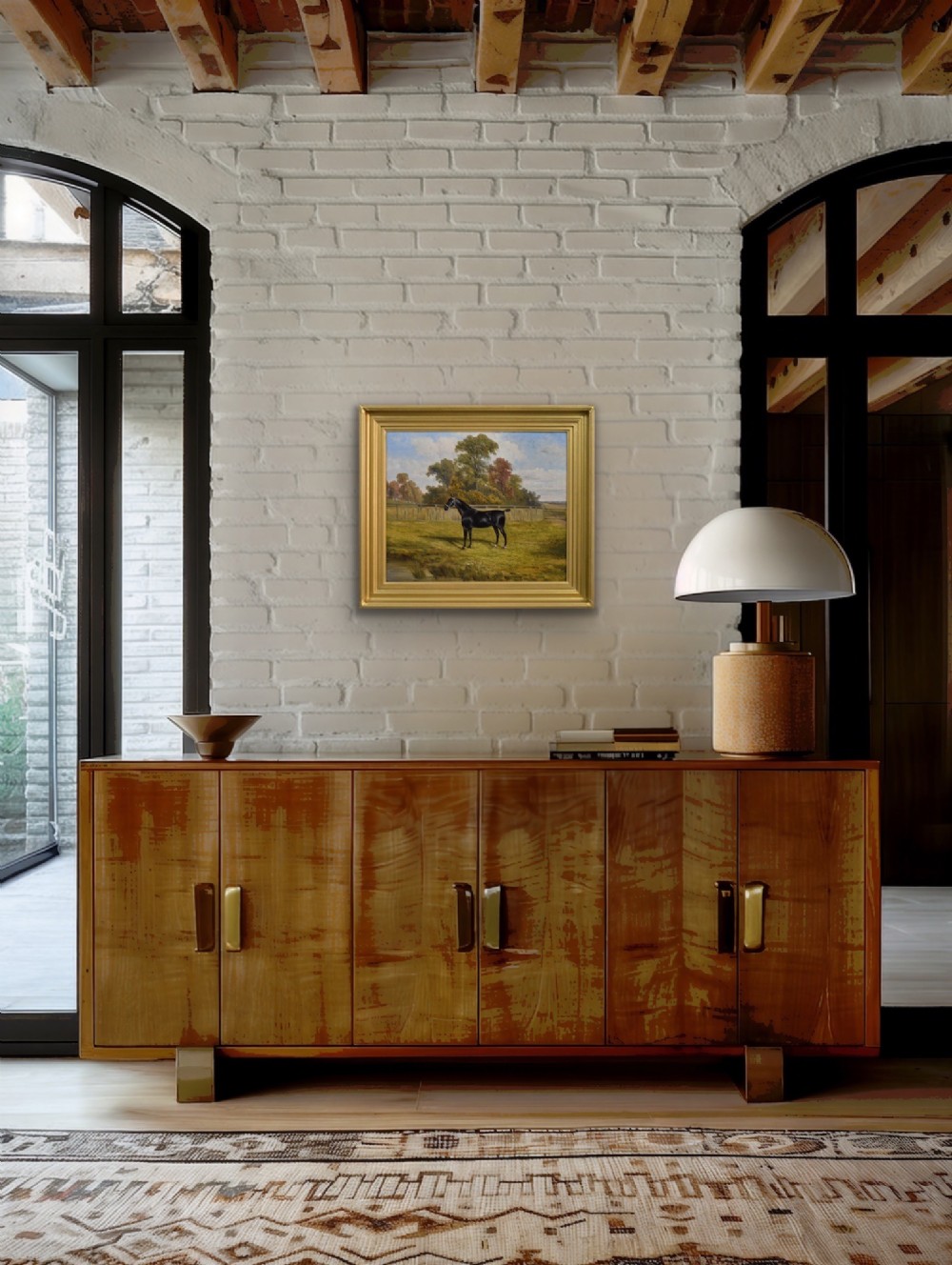 An oil painting depicting a black horse standing in profile within a green pasture, framed in a stepped gold frame. View VII