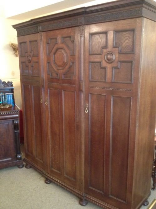 Late Victorian Solid Oak Triple Wardrobe