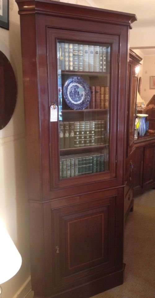 Late Victorian Inaid Mahogany Glazed Corner Cupboard