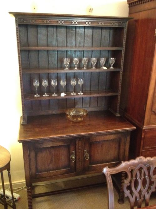 Antique Solid Oak Dresser with Plate Rack and Barley Twist Supports