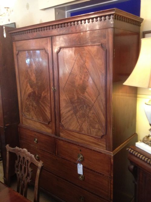 Antique Georgian Mahogany Clothes Press with Inlay