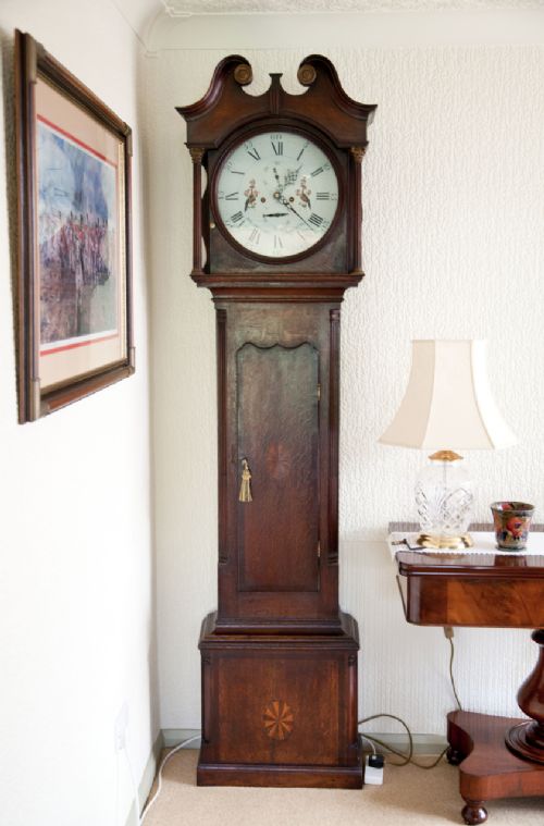 Georgian 8 Day Longcase Clock Oak Case Cross Banded with Mahogany and Inlaid