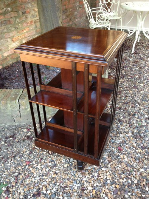 Antique Edwardian Mahogany Revolving Bookcase with Inlay