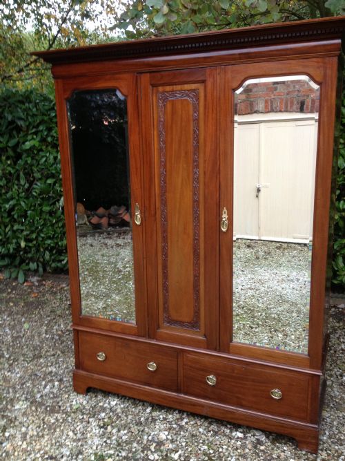 Antique Late Victorian Mahogany 3 Door Wardrobe with Bevelled Mirrors and Two Drawers