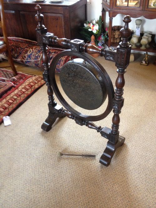 Antique Nineteenth Century Bronze Gong Set in a Very Impressive Carved Oak Frame