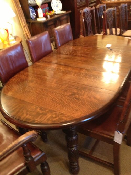 Antique Late Victorian Solid Oak Wind Out Dining Table with Three Leaves