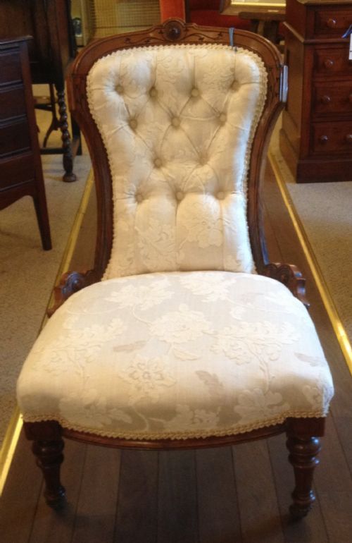 Antique Victorian Walnut Parlour Chair Reupholsstered in Cream Damask