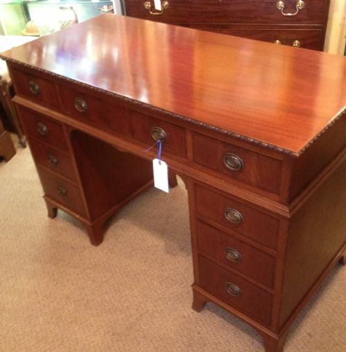 Antique Edwardian Solid Mahogany Desk. Twin Pedestal and Original Solid Brass Handles