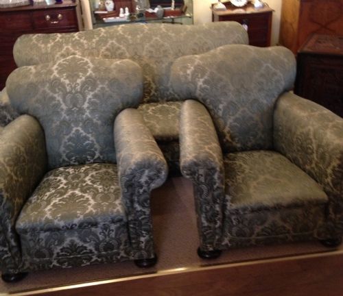 Antique Three Piece Suite in Immaculate Condition Cream Green Brocade Circa 1920