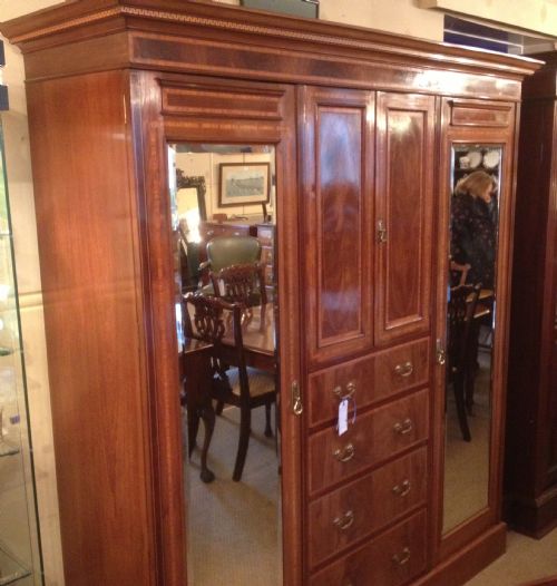 Antique Late Victorian Inlaid Mahogany Triple Wardrobe/compactum