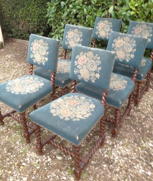 Antique Set of Six Edwards and Roberts Dining Chairs in Solid Oak with Barley Twist Supports in Original Condition
